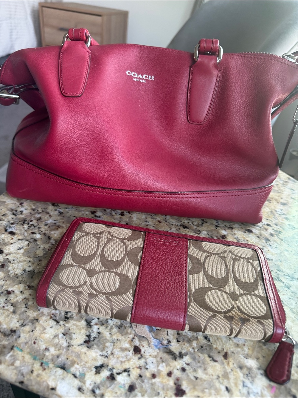 Coach Red Leather Shoulder Bag with Signature Canvas Wallet